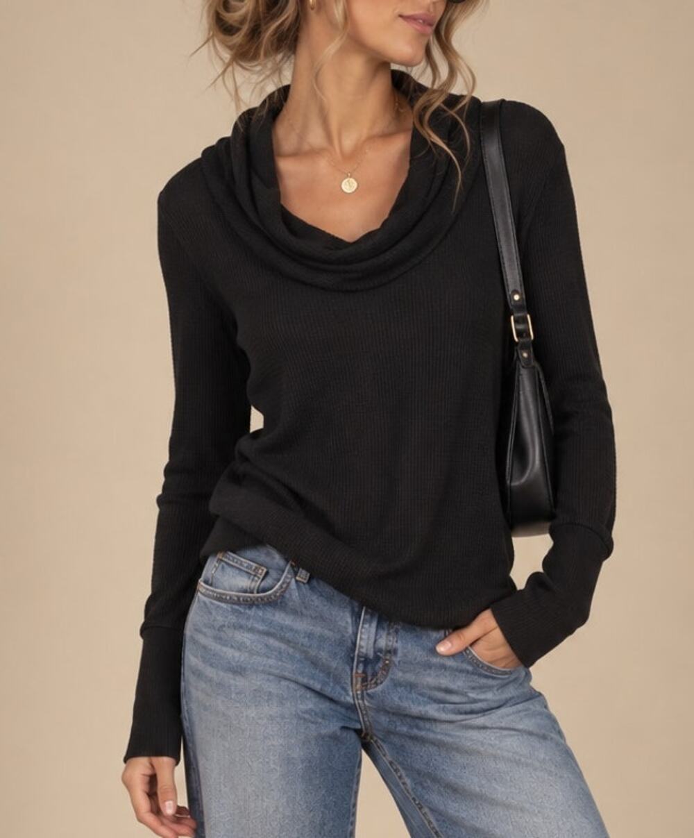 Splendid Womens Waffle Knit Cowl Neck Knit Top XS Black Quiet Luxury Minimal